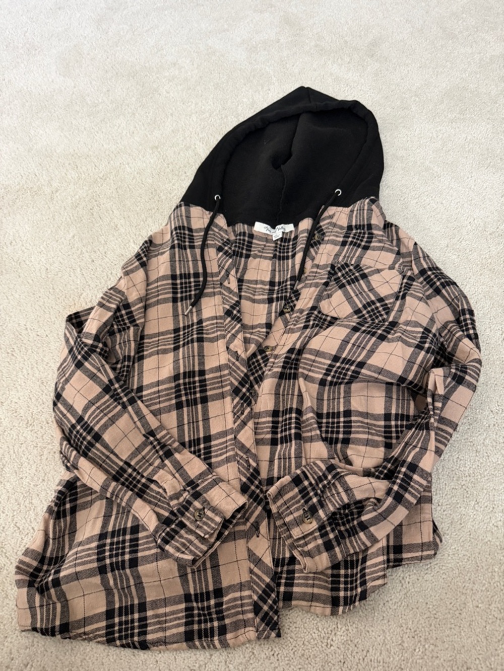 Plaid Hooded Button-Down Shirt - Black and Tan